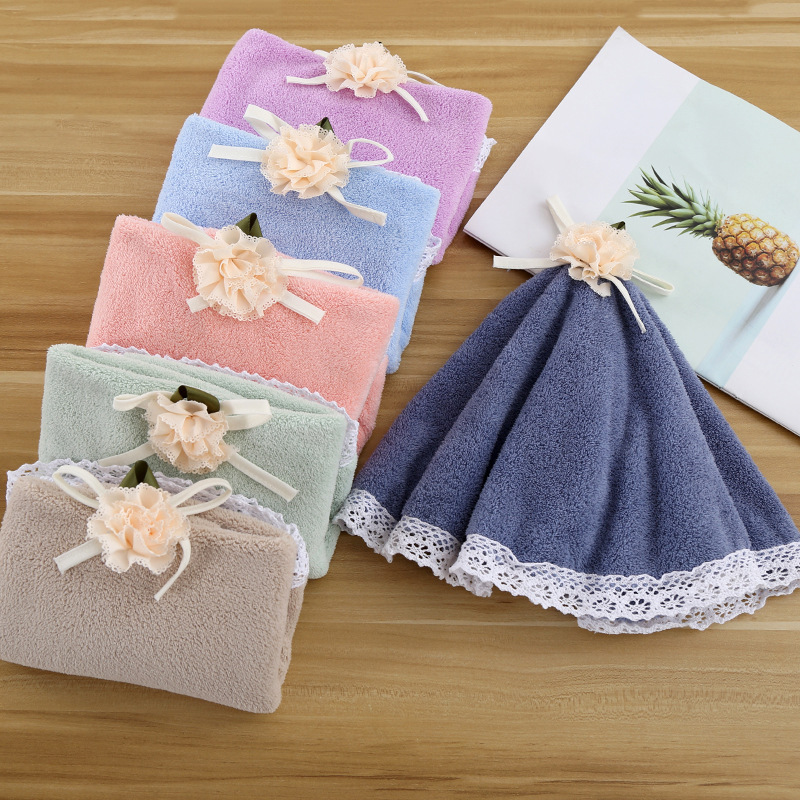 Coral velvet solid color towel hanging towel thickened hand towel household supermarket shopping mall wholesale bathroom lace edge round towel