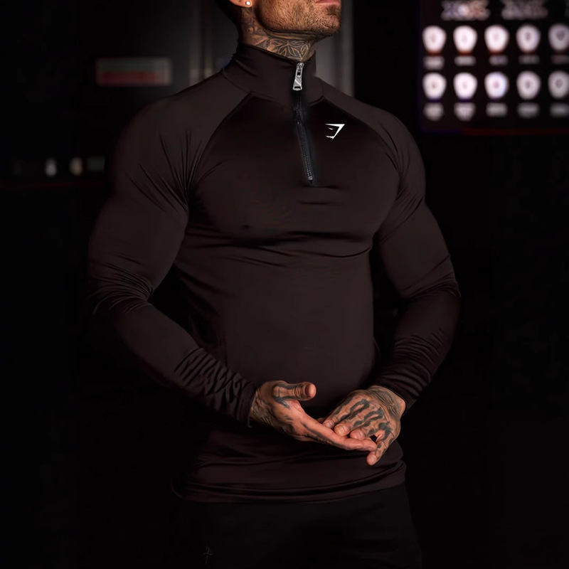 Cross-border New Muscle Fitness Long Sleeve Men's Half Zipper Tight Vertical Collar Sports Fitness Running Quick-drying Breathable European Size