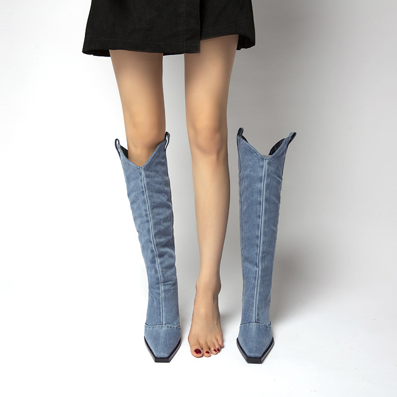 Cross-Border Large Size Knight Boots 2024 European and American Export Thick Heel Western Cowboy Boots Square Toe over the Knee Boots