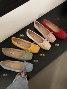 Flat Shoes French Bow Women's Shoes Red Small Flats Ballet Shoes Spring and Summer New Scoop Shoes Soft Sole Shoes for Women