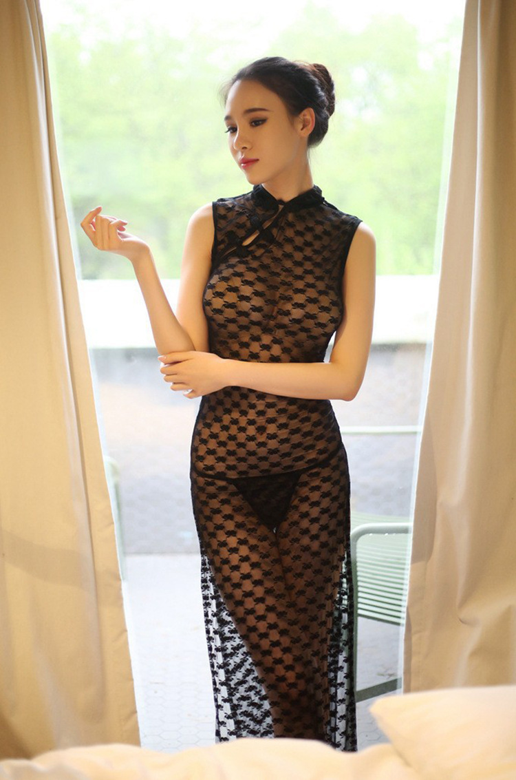 See-Through Lace Cheongsam Nightgown with Matching Thong, Sheer Slit Long Dress, One Size — detail image 11