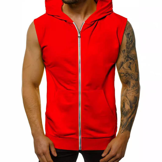 Cross-border Wear Men's Summer Thin European and American Fashion Fitness Sleeveless Vest Hooded Cardigan Jacket Trendy Men