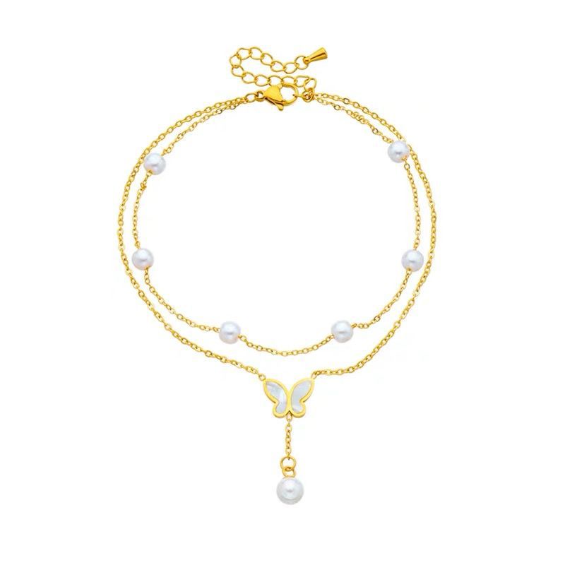 Moda doble perla mariposa colgante tobillera anillo de pie femenino acero de titanio no se desvanece joyería de oro coreano regalo para niñas