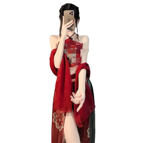 Sexy lingerie, female sexy bellyband, tempting printed Phoenix flying solid color see-through uniform, exotic ancient style dance costume