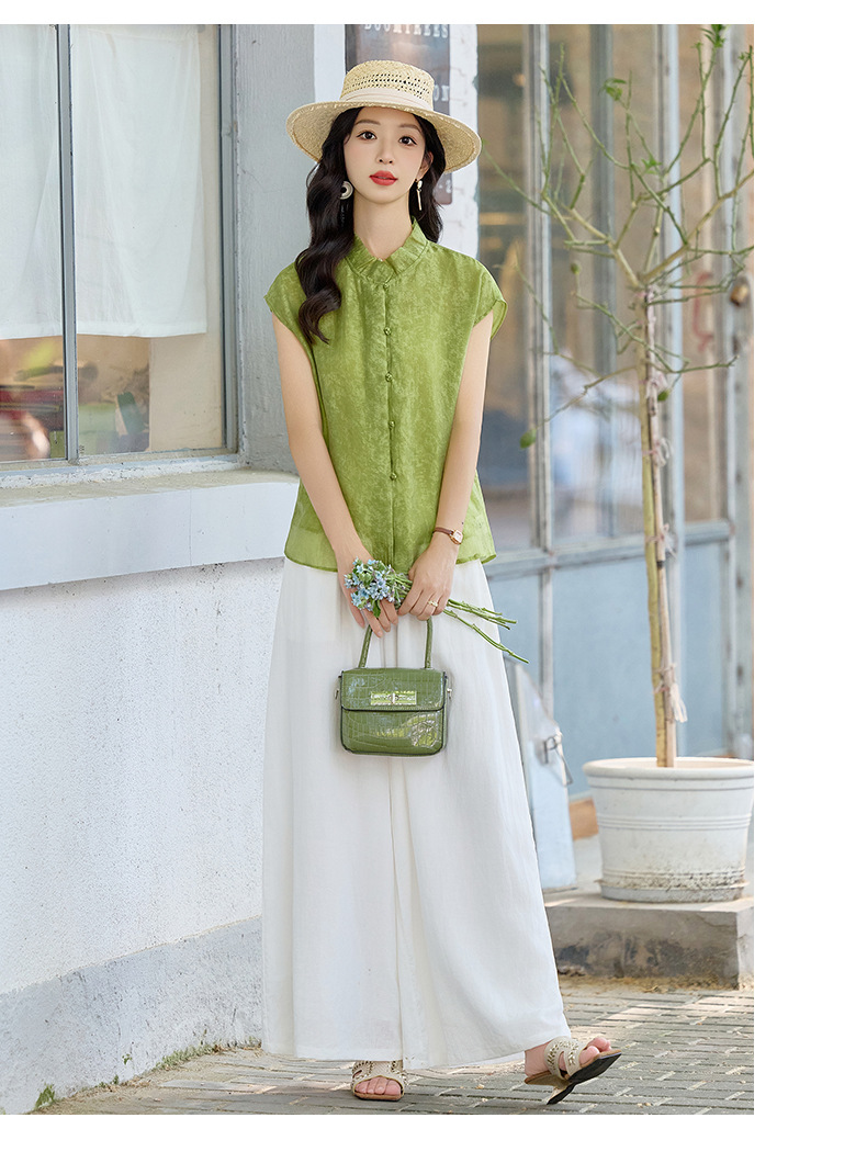 Bộ quần áo hai mảnh mới 2026 mùa hè: áo sơ mi không tay cổ Tàu phối quần ống rộng AH8637 — Màu ảnh chi tiết 11