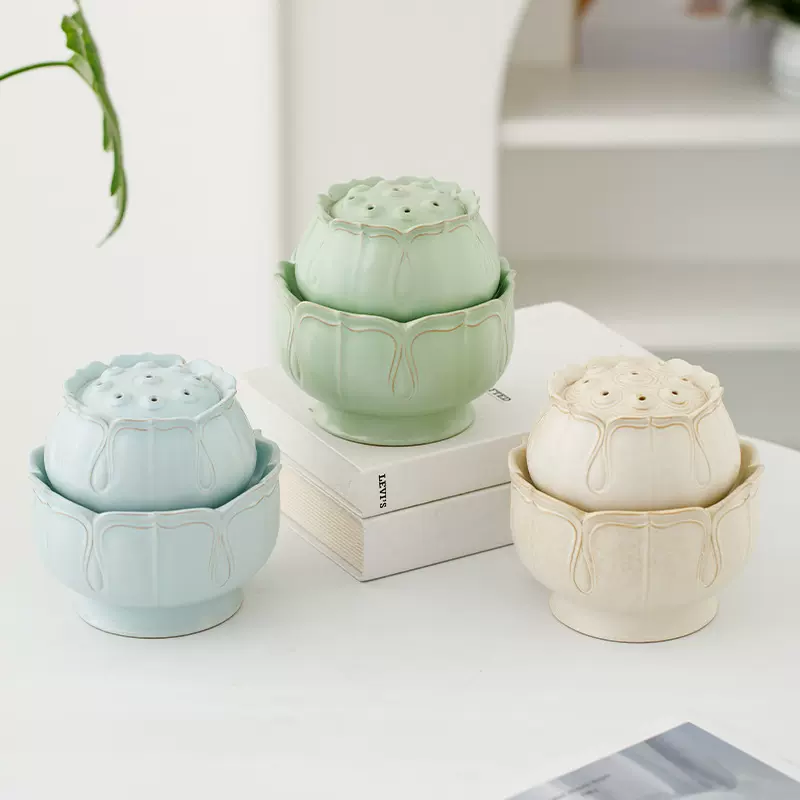 彩莲陶瓷桌面流水摆件办公ins喷泉茶桌茶台加湿水景奶油风格家居