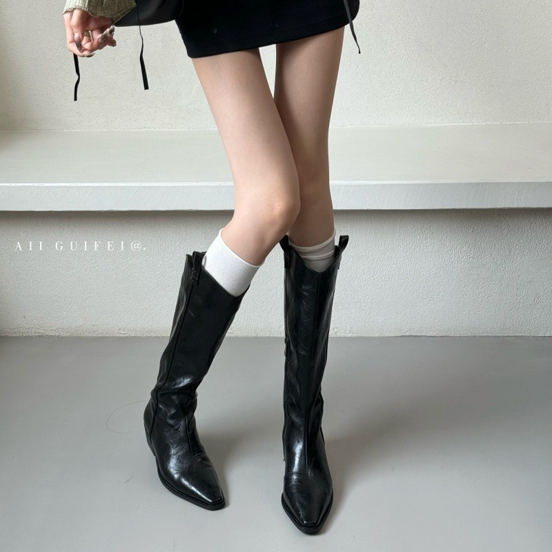 小众粗跟尖头中筒长靴女鞋2025新款秋冬季棕色V口骑士靴长筒靴子|undefined