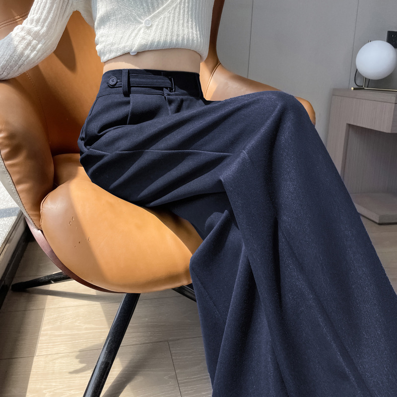 深蓝色竹节软牛仔裤女2025秋季新款高腰直筒垂感宽松阔腿裤拖地裤|undefined