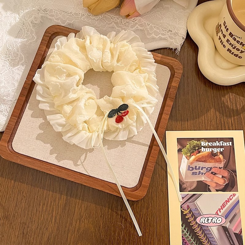 Embroidered Cherry Scrunchie With Lace Tie For Hair Accessory_voghion.com