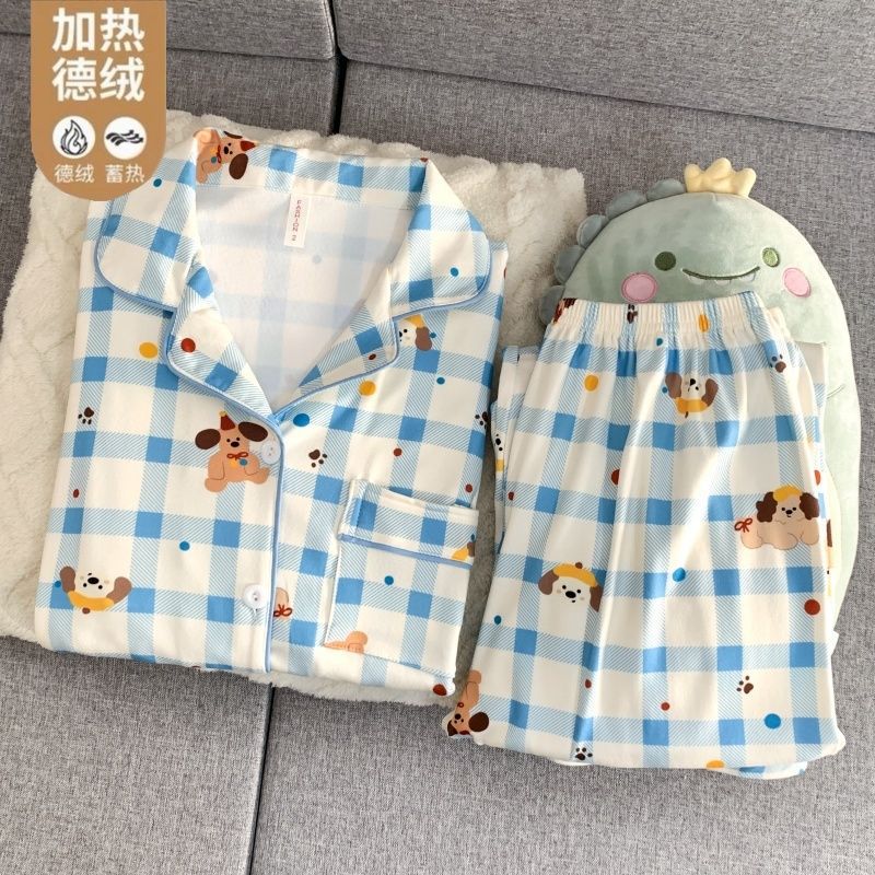 Al por mayor transfronterizo otoño y invierno explosión de ternilla caliente pijama de manga larga mujer traje dulce cardigán de dibujos animados con solapa ropa para el hogar