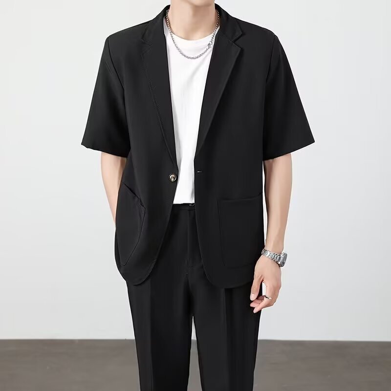 Ice Silk Casual Blazer for Men, Summer High-End Drapey Korean Style, Cool Short-Sleeve Suit, Light Mature Style, Thin Version Ice Silk Casual Blazer for Men, Summer High-End Drapey Korean Style, Cool Short-Sleeve Suit, Light Mature Style, Thin Version