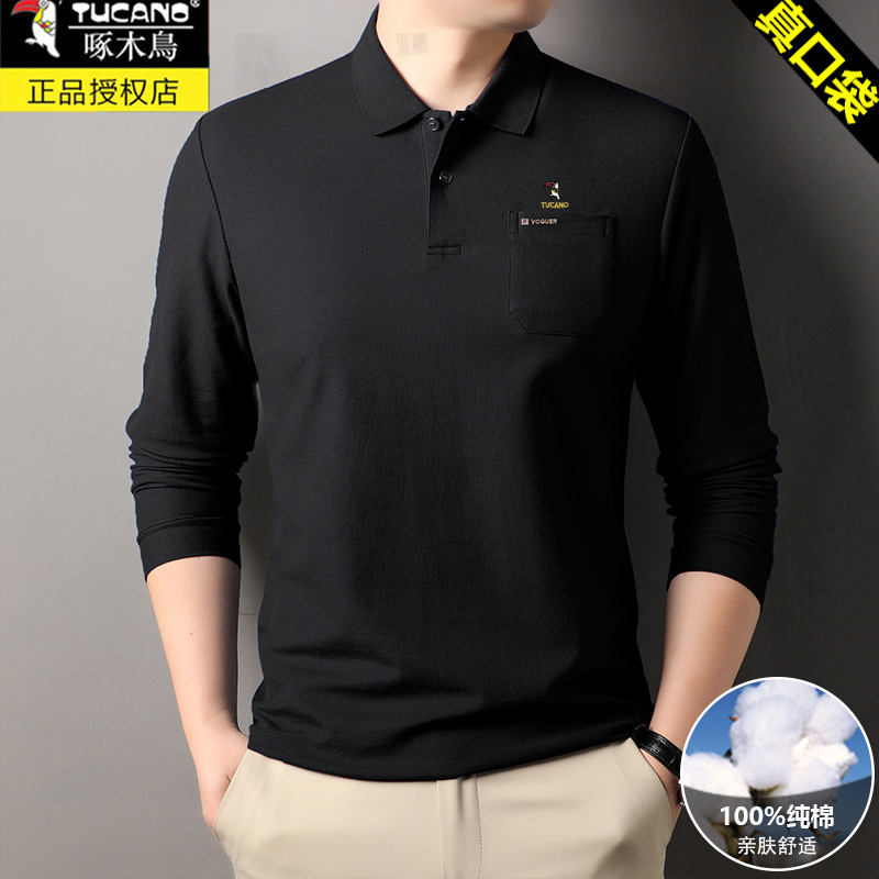 啄木鸟长袖t恤男春秋翻领真口袋棉料中年爸爸POLO衫上衣打底正好|undefined