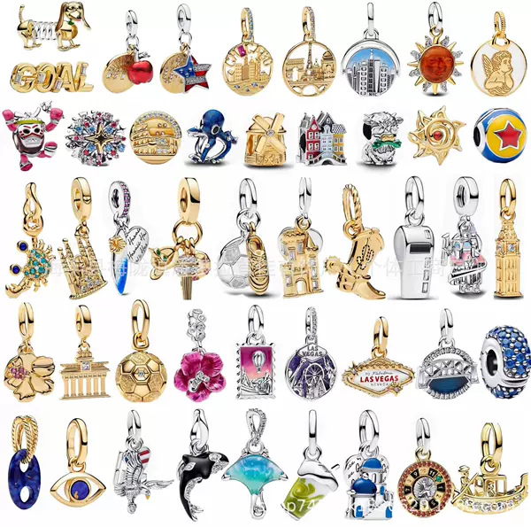 Pandora 925 Sterling Silver Gold Color New Dog Castle Sun Football Fun Good Luck Charm DIY Beads