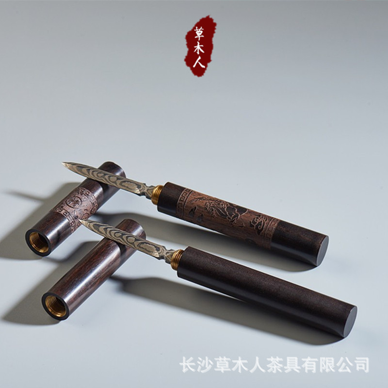 ダマスカス茶刀花紋鋼茶針黒檀実木茶具茶部品零配プーアル茶餅開茶刀|undefined