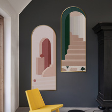 北欧ins轻奢客厅装饰画抽象几何建筑画拱形竖长条玄关挂画