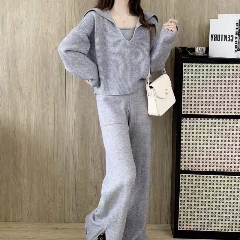 2025秋冬新款套装女士毛衣女加厚冬针织阔腿三件套外穿法式毛衫配