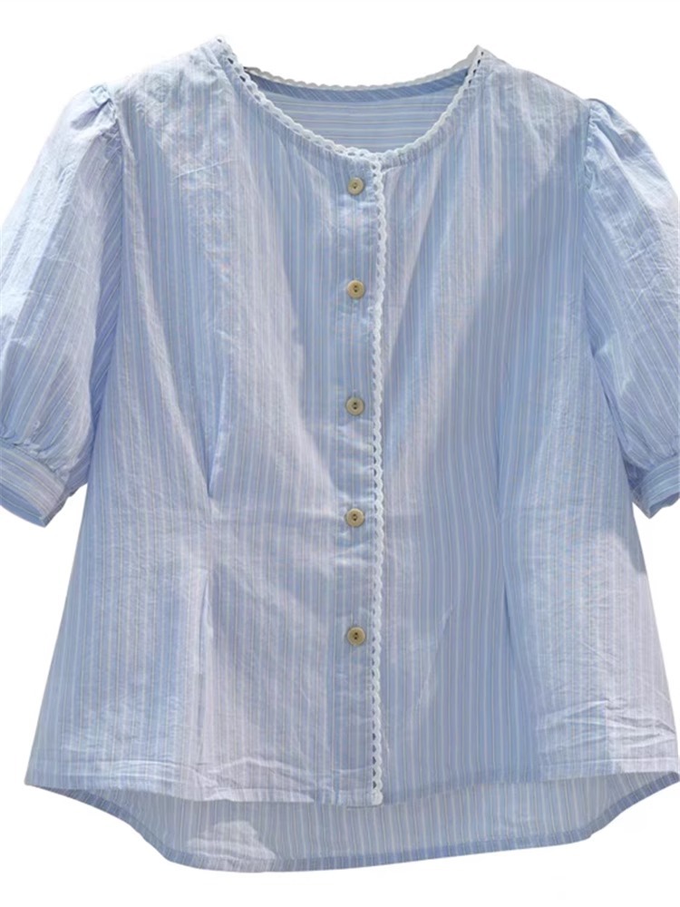 Áo sơ mi nữ cotton sọc dọc xanh nhạt dáng ngắn thắt eo tay phồng — màu xanh nhạt chi tiết 5
