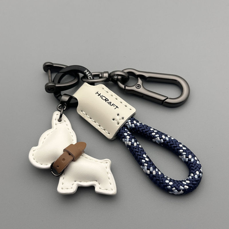 卡通可爱法斗犬小狗钥匙扣挂件汽车钥匙链圈皮革手工编织绳包挂饰|undefined