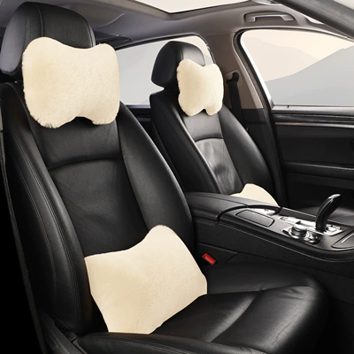 Imitation Rabbit Plush Car Waist: Waist support - beige-2-headrests-2-lumbar-supports
