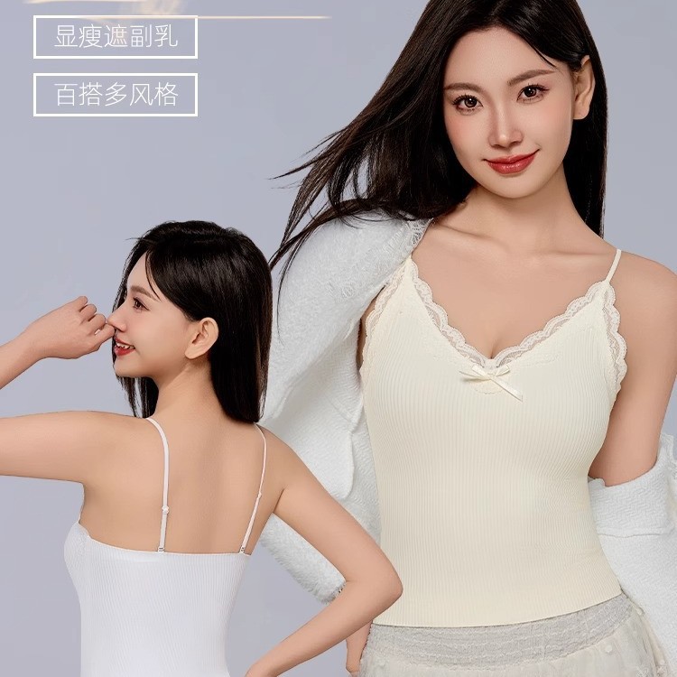 여성용 오리지널 뉴 레이스 스몰 서스펜더 이너 조끼, 얇은 여름 아우터, 브이넥 타이, 가슴 패드, 패셔너블한 하의 탑