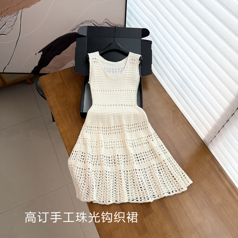 High-End Luxury~Handmade Pearlescent Crochet Dress for Women, Summer 26, 100% Cotton, Hollow-Out Waist-Cinching Sleeveless A-Line Long Dress High-End Luxury~Handmade Pearlescent Crochet Dress for Women, Summer 26, 100% Cotton, Hollow-Out Waist-Cinching Sleeveless A-Line Long Dress