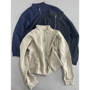 Cotton terry double zipper coat relaxed-fit Hong Kong-style casual stand collar sweater relaxed-fit casual top women's autumn new arrival