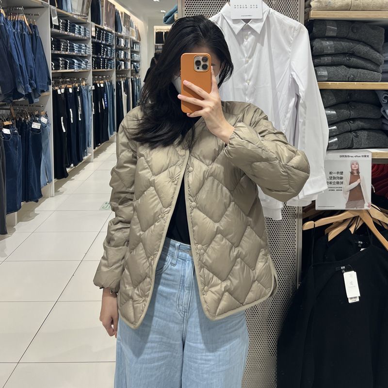 Transfronterizo Tik Tok nuevo chaqueta de plumón de alta calidad mujer corta ligera delgada plumón revestimiento de cuello redondo chaqueta casual