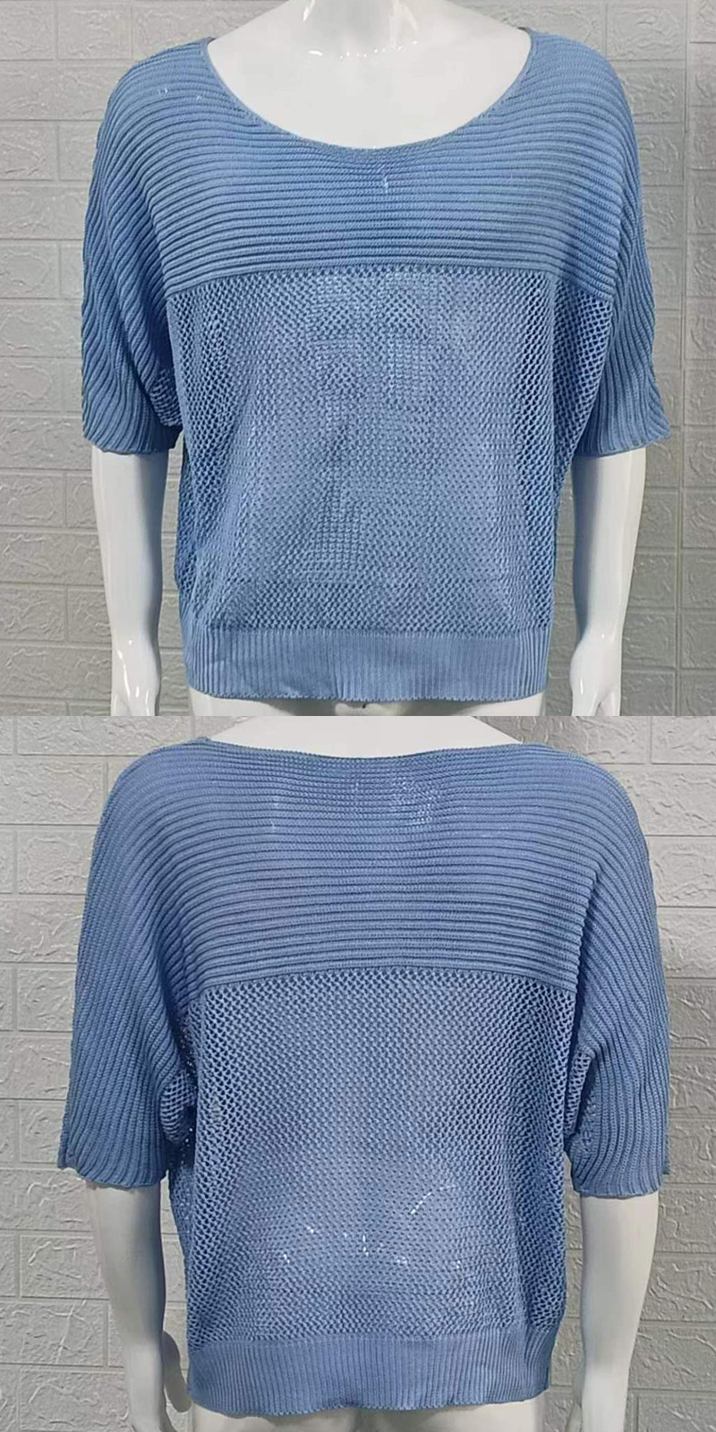 Dünner hohler Strickpullover mit Rundhalsausschnitt und kurzen Ärmeln, Pullover, Oberteil, Sommer, Slim Fit, Herrenbekleidung_voghion.com