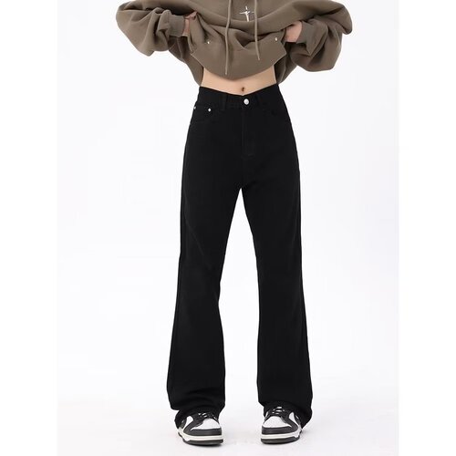 American Street High-Street Black Denim Straight-Leg Pants for Men and Women, National Trend Versatile Straight Leg Basic Slimming Pants