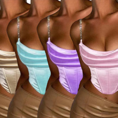 2022歐美跨境新款性感女裝修身鑽鏈吊帶外穿小背心