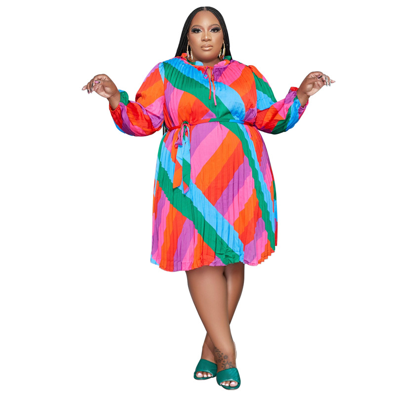 New Stripes with Belt Fashion Loose  Women's Plus size Dresses_voghion.com