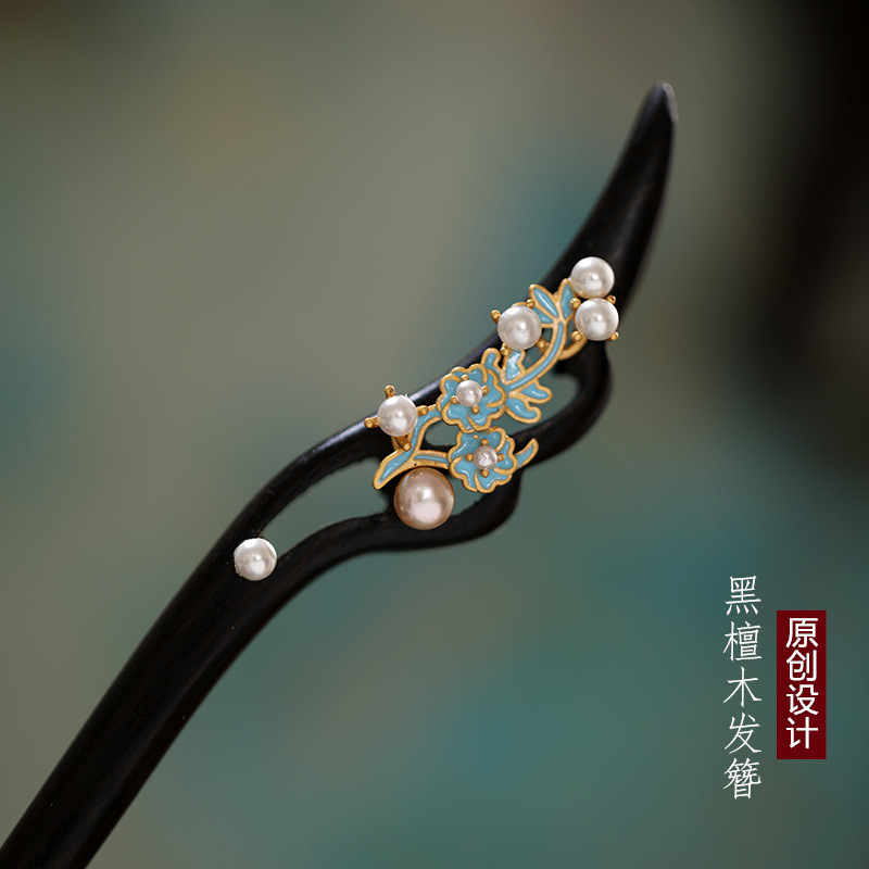 黑檀木髮簪古風盤髮簪子簡約現代木簪漢服旗袍新中式花朵髮釵髮飾