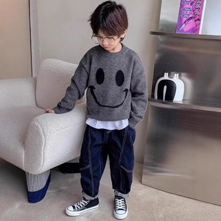 Boys' Sweater Loose Pullover Autumn and Winter New Middle-sized Children's Knitwear Children's Inner Smile Face Sweater Top