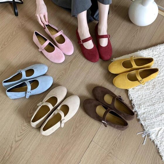 Bean Shoes Women's 2025 Early Spring New Korean Style One-word Buckle Flat Shoes Casual Round Toe Mary Jane Shoes