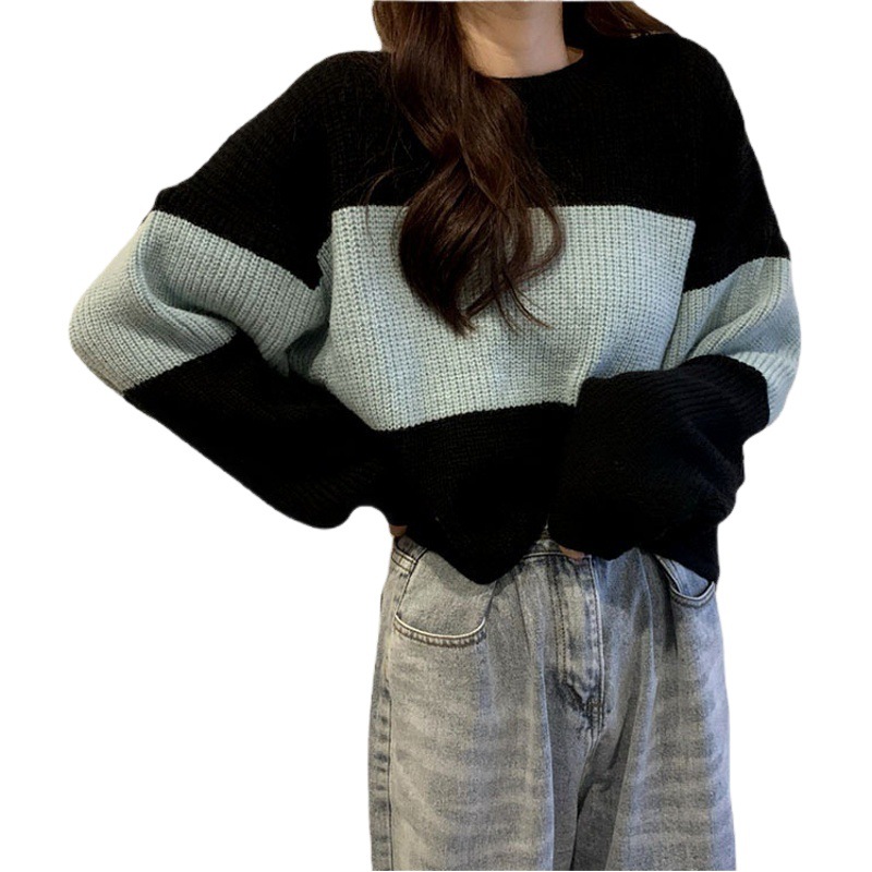 Suéter con estampado de cangrejo de cinco colores para mujer, nuevo estilo de primavera y otoño, jersey holgado, estilo retro informal, top corto a rayas para mujer.