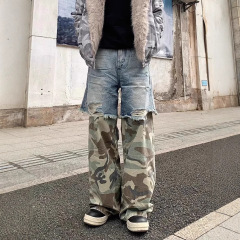 欧米式のレトロなステッチの迷彩のジーパンの男性のVIBEの風潮のブランドの高い街の小さい大衆の水洗いのゆったりしている広足のズボン