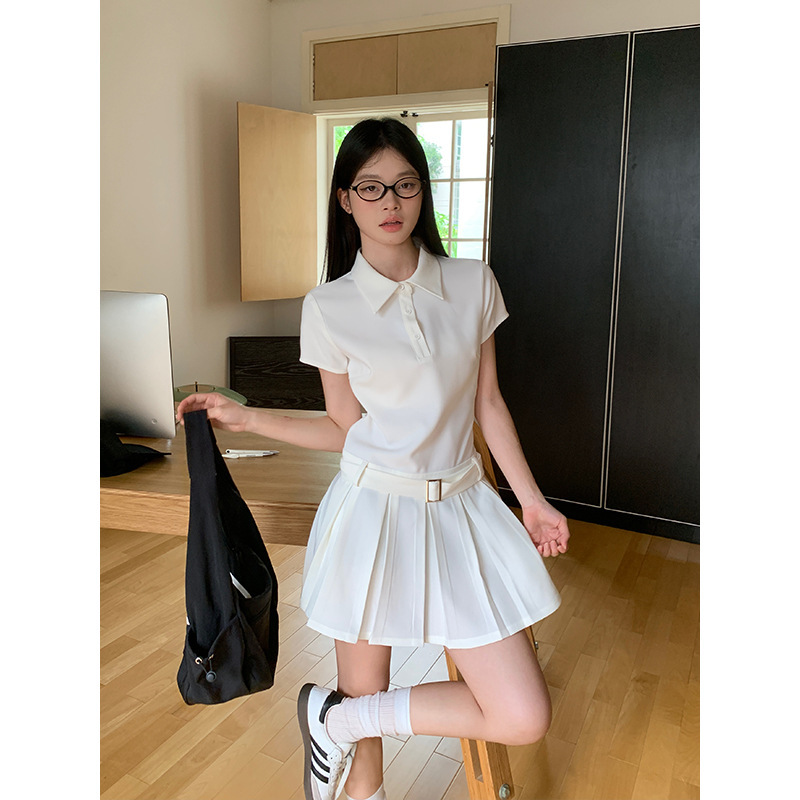 宋正恩学院风polo领连衣裙女夏季高腰小个子高级绝美a字百褶短裙|undefined