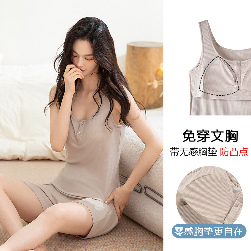 胸パッド付き女性用モーダルパジャマ、夏用薄手半袖ズボン、2025人気のアイスシルクホーム服、屋外で着用可能|undefined
