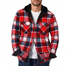 外贸爆款格子男式保暖衬衫法兰绒连帽加绒加厚格子衬衫男长袖批发