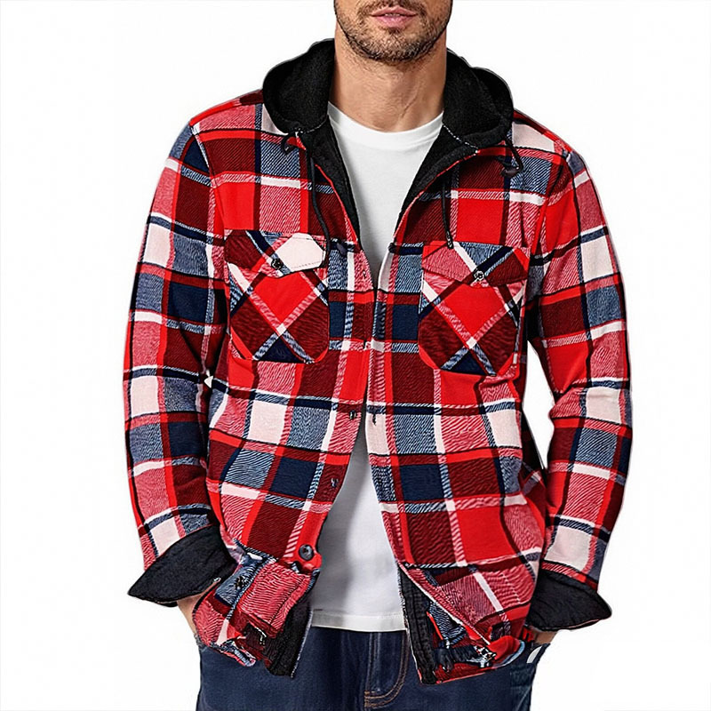 Popular Foreign Trade Plaid Men's Warm Shirt, Flannel Hooded, Fleece-Lined, Thickened, Large Size Plaid Men's Long-Sleeve Wholesale