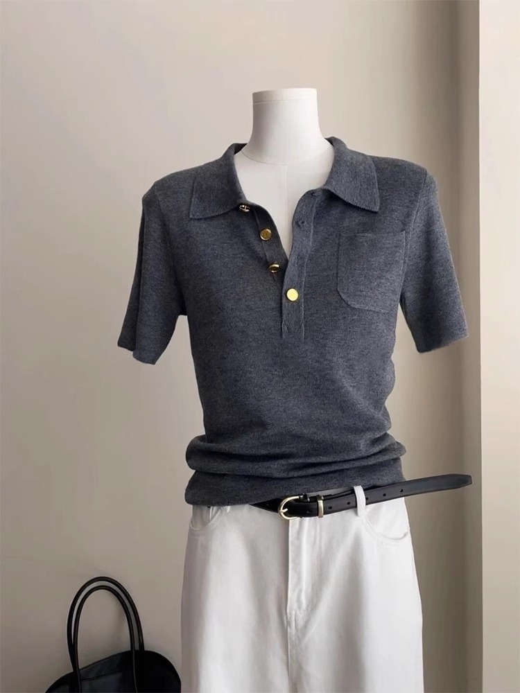 Áo polo nữ tay ngắn ôm body màu xám cao cấp — đen chi tiết 5