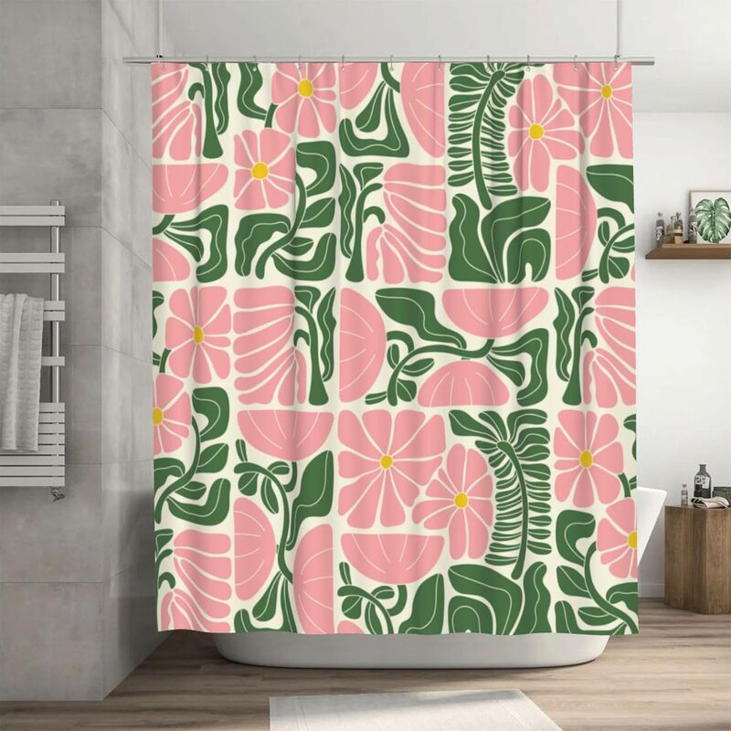 Cross Border Mid Century Modern Abstract Geometric Bohemian Shower Curtain for Bathroom Cute Pink Floral