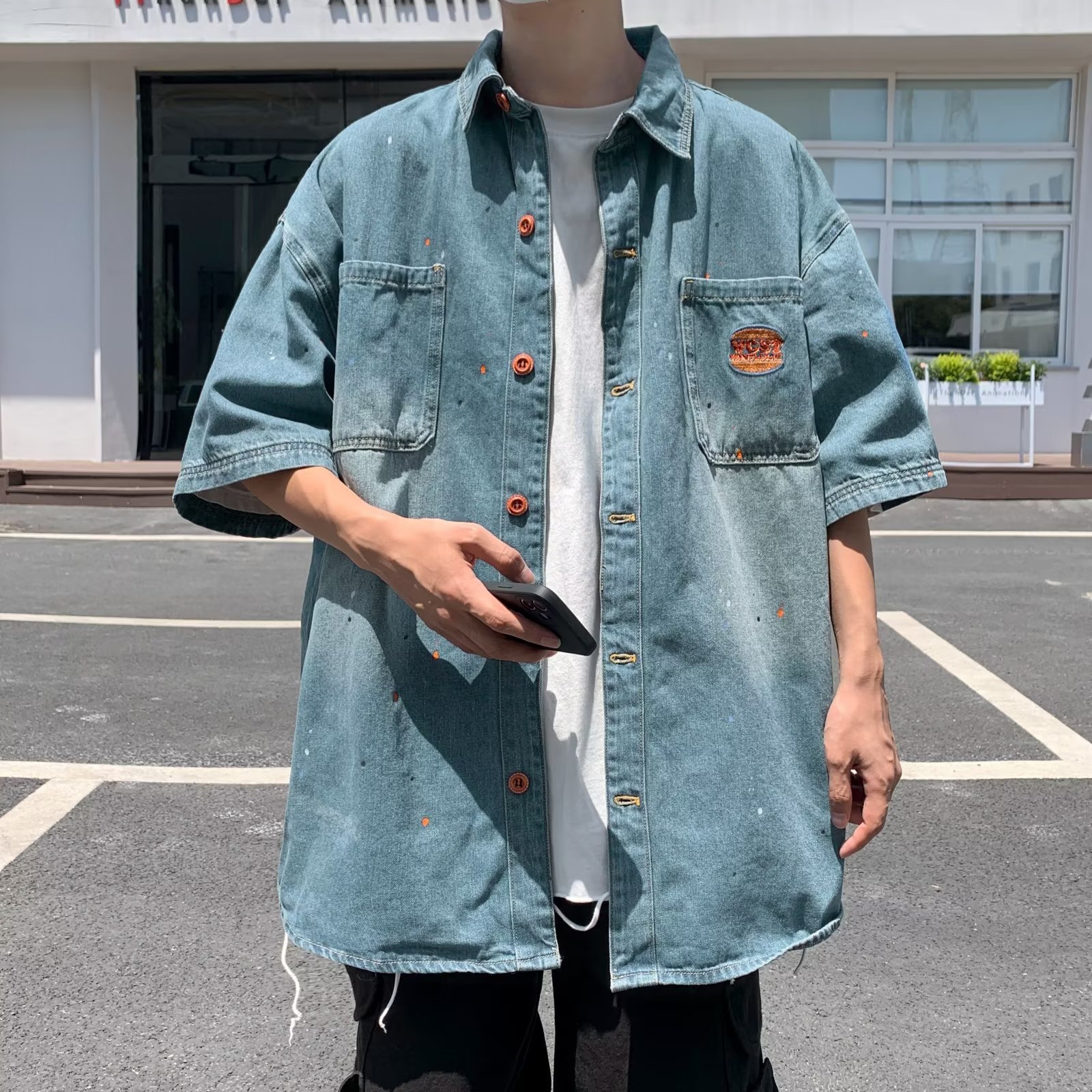 2023 New Men's Denim Shirt Japanese Style Ins Trendy Loose Short-Sleeve Shirt Summer Trendy Cool Jacket