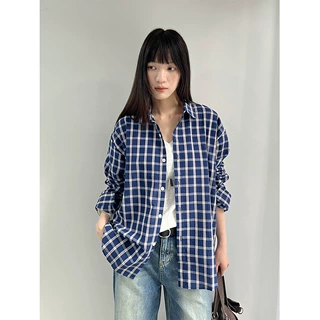 誉一2026年春夏新款日常穿搭格子衬衫 藏蓝外穿开衫上衣女A5562
