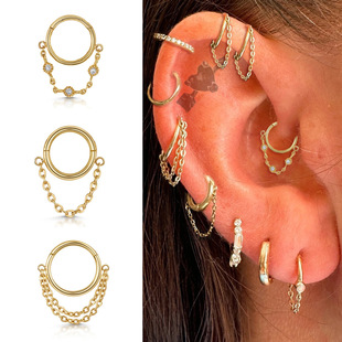 Ins Style Simple Titanium Steel Tassel Piercing Earrings for Women 316L Seamless Ring Zircon Piercing Nose Ring Amazon Jewelry