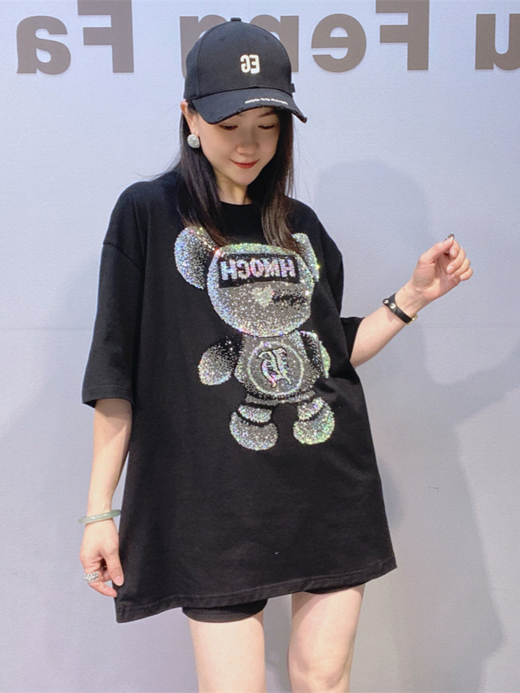 Camiseta Unisex de Manga Corta de Algodón Holgada con Pedrería para Verano