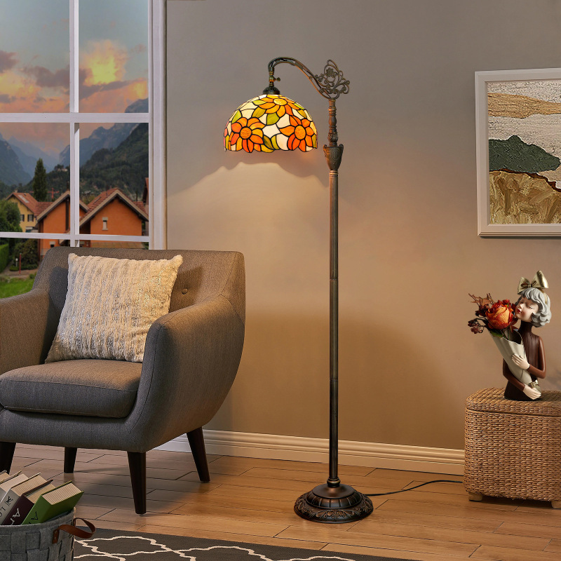 Ouyu Tiffany Retro Country Style 12inch Sunflower Floor Lamp Indoor Lighting Soft Light Arch Gooseneck