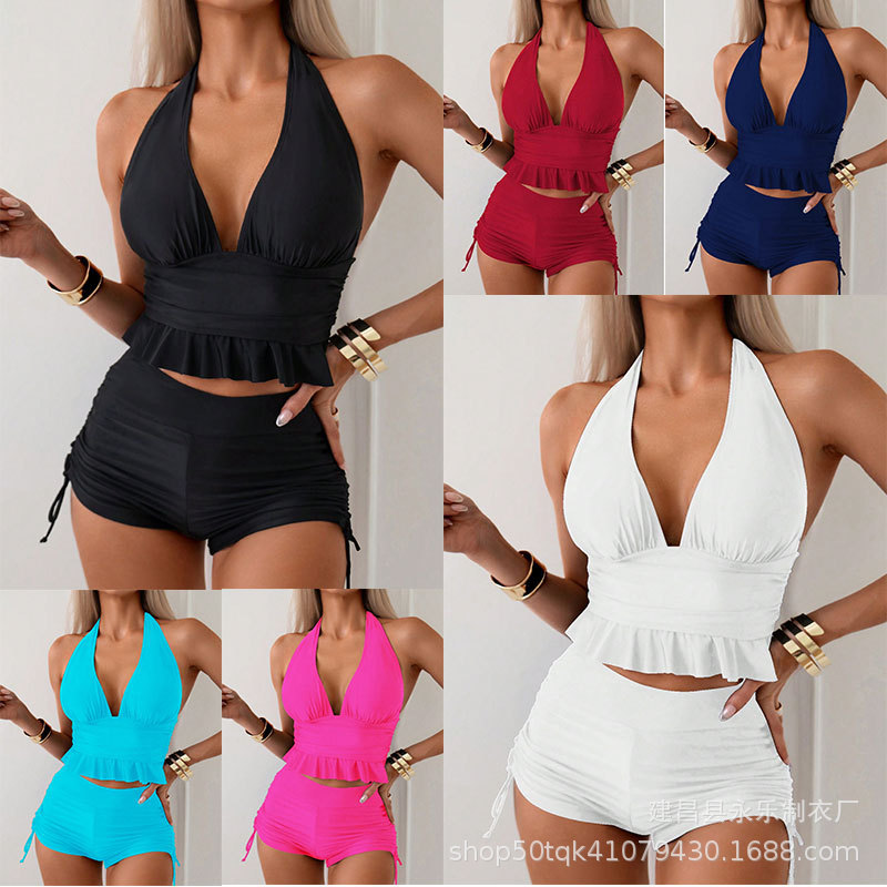 2025 New Solid Color Sexy Ruffled Tank Top Tie-Up Boxer Briefs European and American Cross-Border Bikini Two-Piece Swimsuit