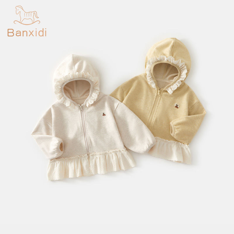 Sweet Spring and Autumn New Girls' Jackets Western Style Princess Hooded Lace Patchwork Tops Autumn Cherry Zipper Jackets Sweet Spring and Autumn New Girls' Jackets Western Style Princess Hooded Lace Patchwork Tops Autumn Cherry Zipper Jackets