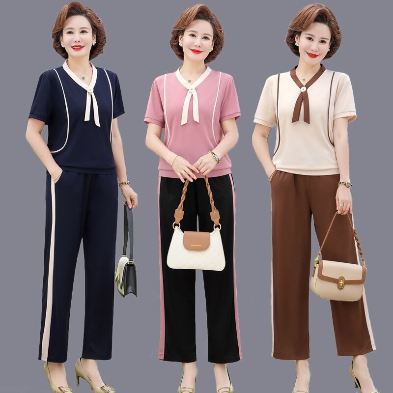 Two-Piece Summer Casual Fashion Set for Middle-Aged Women, Summer Outfit for Moms, Short-Sleeved Tops for Middle-Aged and Elderly Women, Stylish Sportswear
